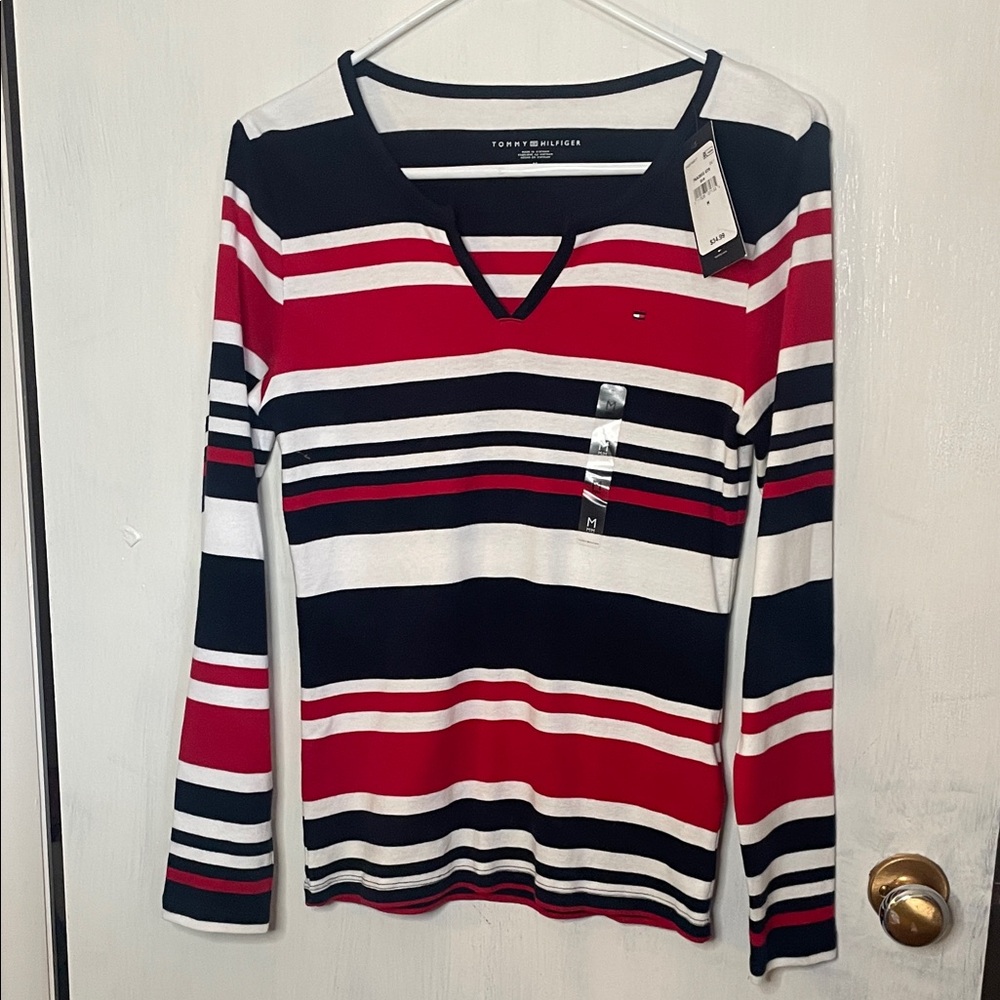 Tommy Hilfiger Women's Long Sleeve Striped Top - Red, White, and Black